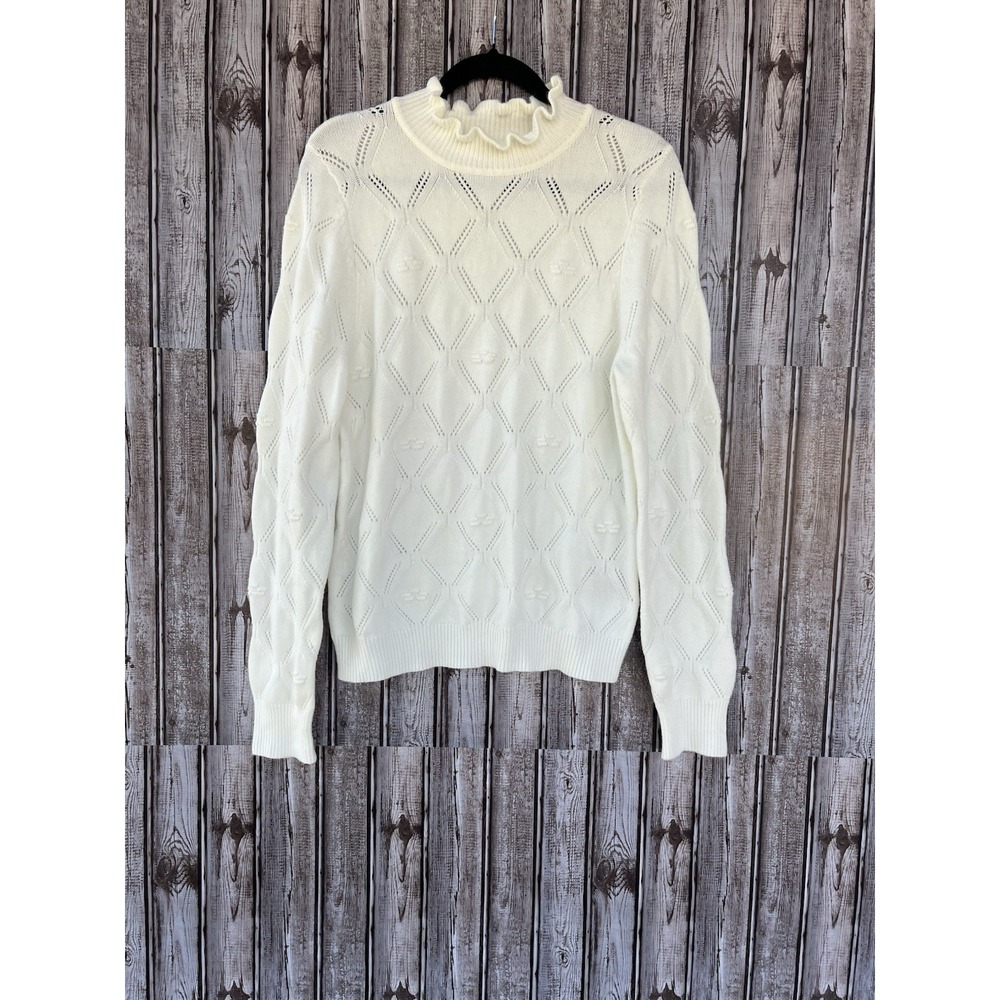 Nanette Lepore White Knit Textured Ruffle Neck Sweater Size‎ L